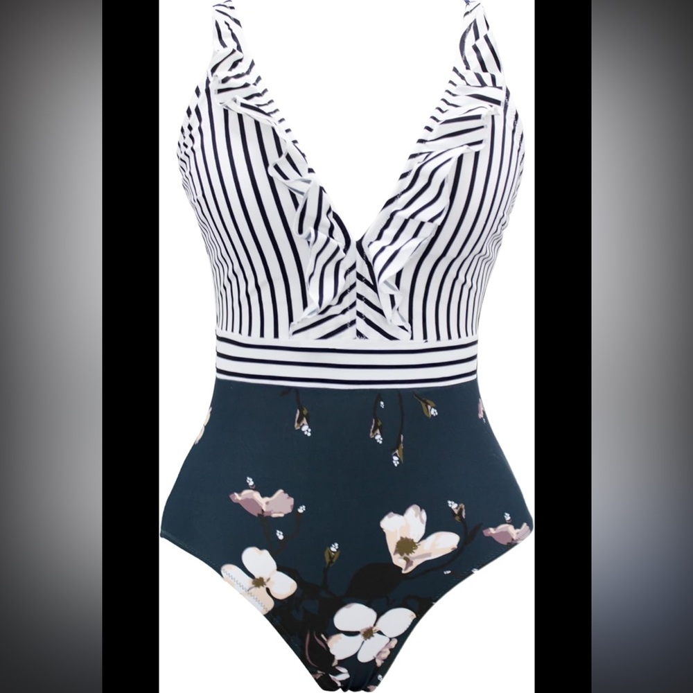 COCOSHIP Navy and White Striped Floral One Piece Swimsuit